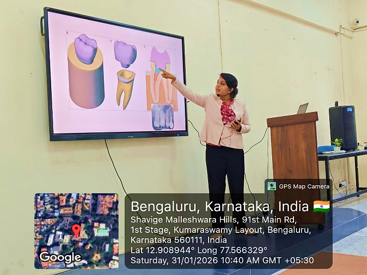 Dr. Aparna Singhal explaining dental anatomy and procedures using a visual aid on screen